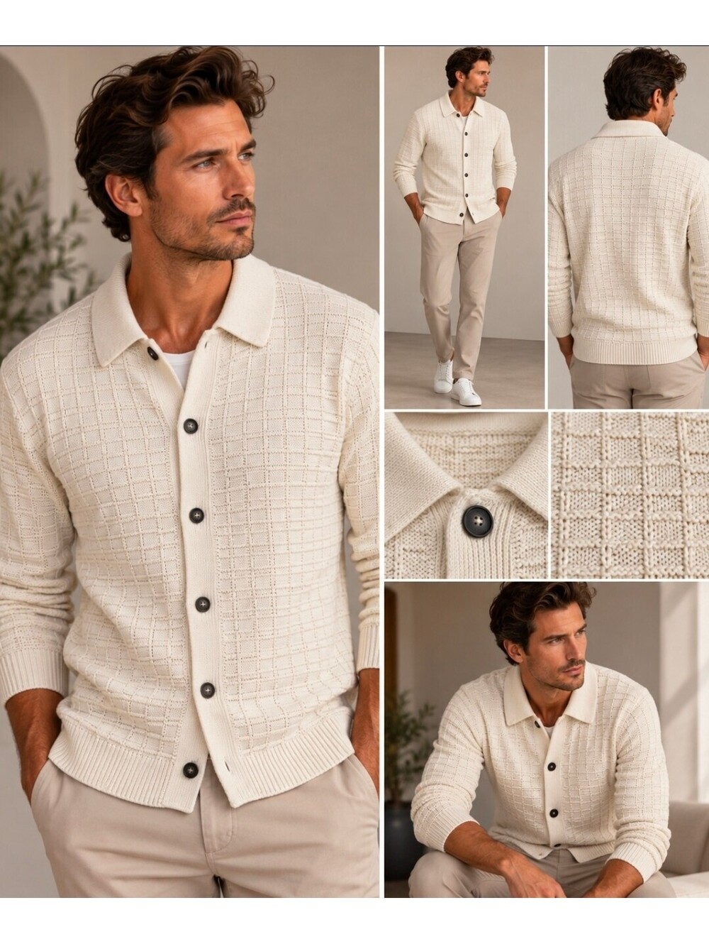 Christian Lacroix Mens M Cream Textured Knit Cardigan 100% Cotton Collared